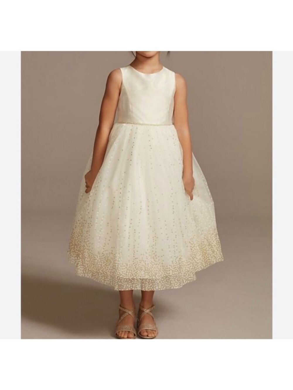 David’s Bridal Girls 4 Tulle Tea Length Gold Glitter Flower Girl Formal Dress